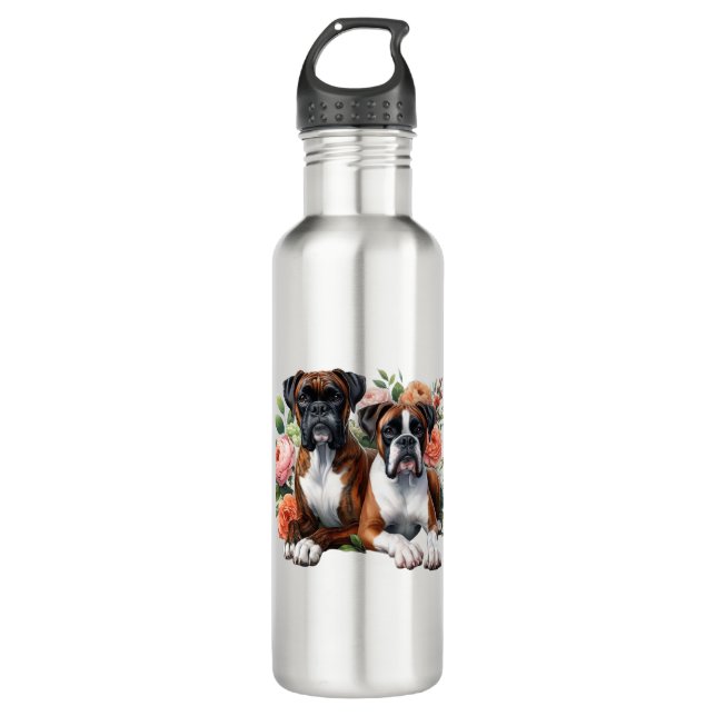 Botella De Agua Dúo De Perro Boxer Entre Las Flores (Anverso)