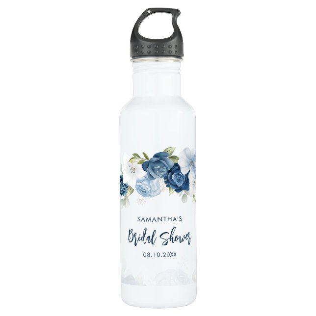Botella De Agua Dusty Blue Floral Bridal Shower Personalized (Anverso)