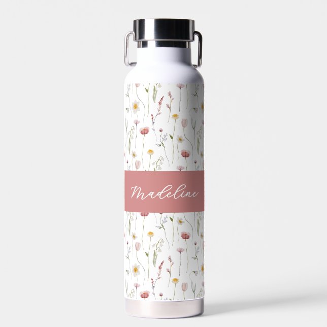 Botella De Agua Dusty Pink Wildflower Watercolor Monogram Name (Delantero)