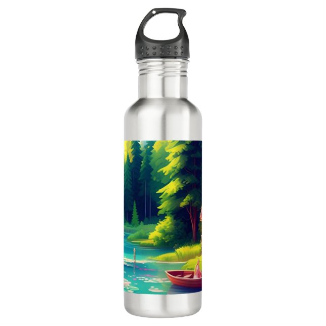 Botella De Agua El Entorno Natural Con La Cabaña Rosa (Anverso)