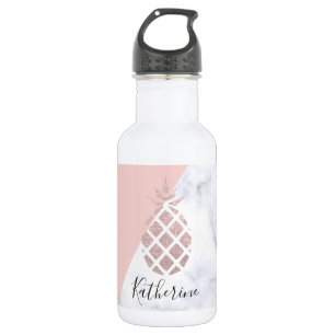 Botella De Agua El mármol blanco del purpurina color de rosa