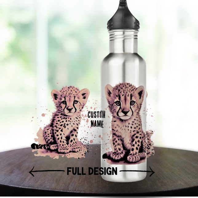 Botella De Agua El nombre del niño Cheetah, bebé rosado (Subido por el creador)