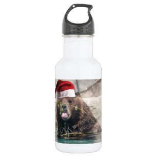 Botella De Agua El oso pardo con Santa Hat