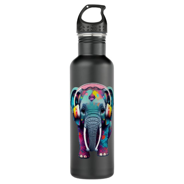 Botella De Agua Elefante bebé lindo con audífonos (Anverso)