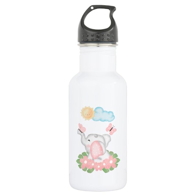 Botella De Agua Elefante bebé lindo con flores rosas (Anverso)
