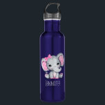 Botella De Agua Elefante de bebé rosado con polka<br><div class="desc">Botella de agua personalizada con un lindo ilustracion de color de elefante rosa. Ella tiene unas orejas puntiagudas rosadas y blancas de polka y un arco de cinta rosada en la parte superior de su cabeza.</div>