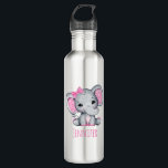 Botella De Agua Elefante de bebé rosado con polka<br><div class="desc">Botella de agua personalizada con un lindo ilustracion de color de elefante rosa. Ella tiene unas orejas puntiagudas rosadas y blancas de polka y un arco de cinta rosada en la parte superior de su cabeza. La parte superior está decorada con un bonito ramo de rosas.</div>
