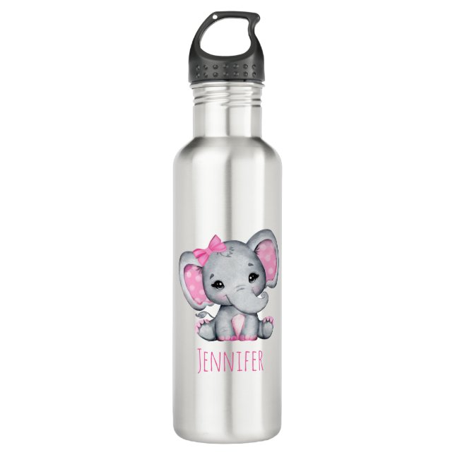 Botella De Agua Elefante de bebé rosado con polka (Anverso)