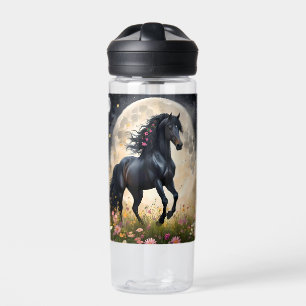 Botella De Agua Elegancia lunar: caballo negro de fantasía con lun