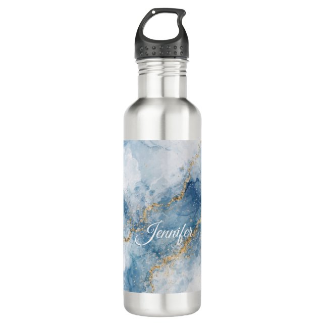 Botella De Agua Elegant Blue Gold Glitter Abstract Flow            (Anverso)