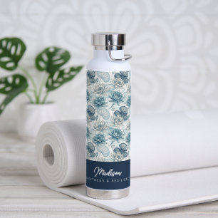 Botella De Agua Elegant Monogram Blue Water Lily and Lotus