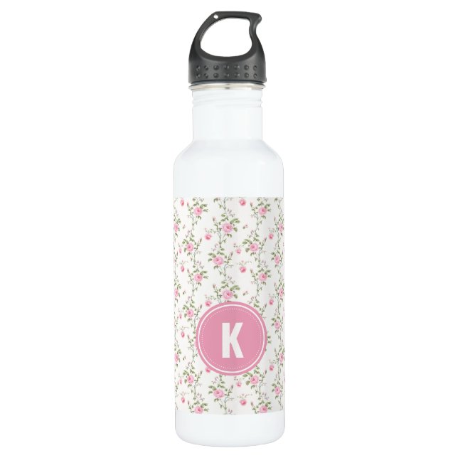 Botella De Agua Elegant Pink Roses Flowers Pattern Monogram (Anverso)