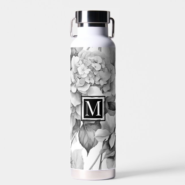 Botella De Agua Elegante acuarela floral gris y blanco (Delantero)