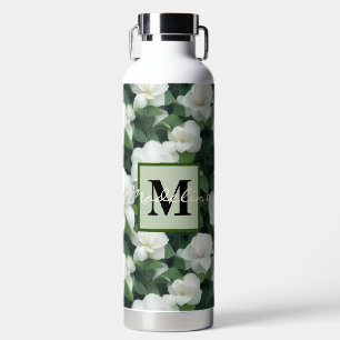 Botella De Agua Elegante agua floral blanca y verde