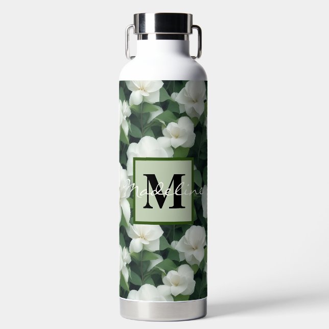 Botella De Agua Elegante agua floral blanca y verde (Delantero)