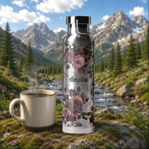 Botella De Agua Elegante art floral rosa oscuro burgundy en plata