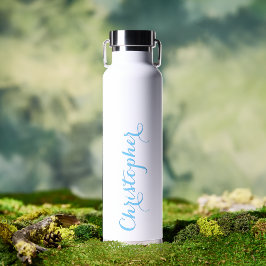 Botella De Agua Elegante Blue Script Nombre personalizado Monogram
