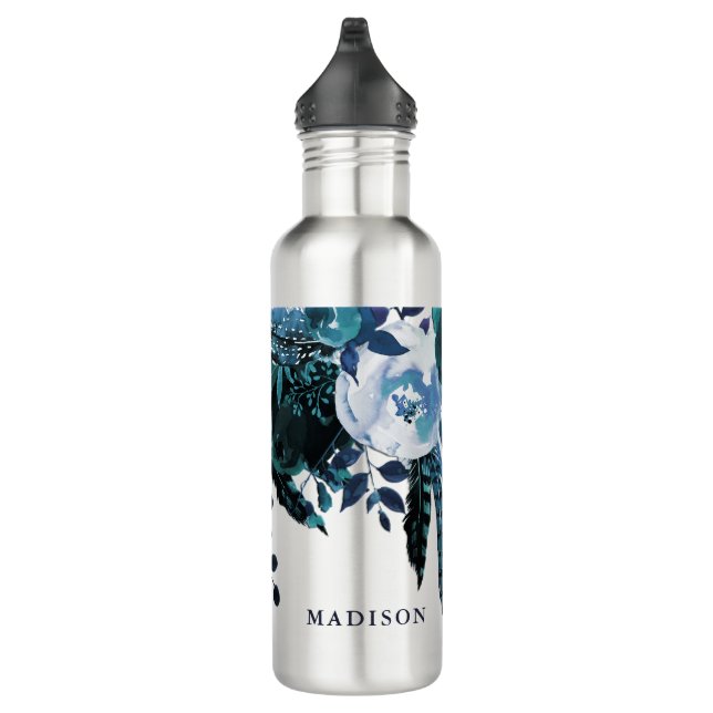Botella De Agua Elegante Bouquet floral azul con nombre (Derecha)