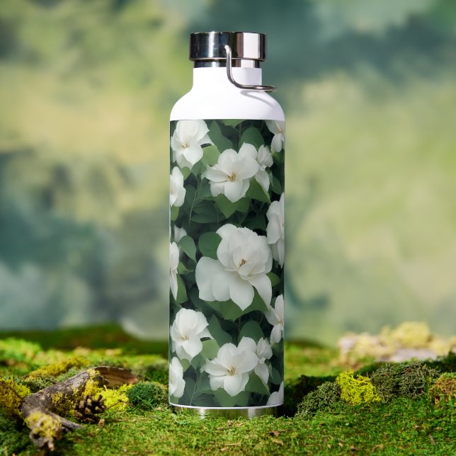 Botella De Agua Elegante clásico verde botánico floral (Exterior)