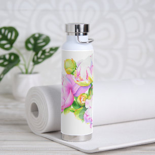 Botella De Agua Elegante color de agua floral de peonia blanca ros