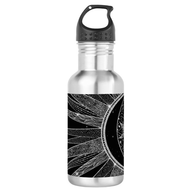 Botella De Agua Elegante diseño negro de luna de sol plateado Mand (Anverso)