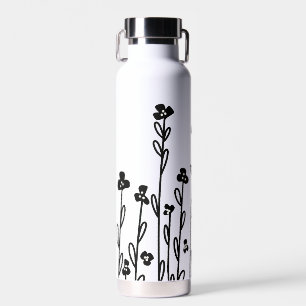 Botella De Agua Elegante doodle minimalista blanco negro floral