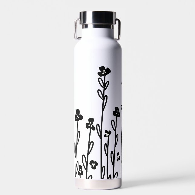 Botella De Agua Elegante doodle minimalista blanco negro floral (Delantero)