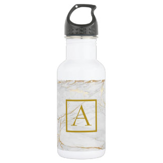 Botella De Agua Elegante dorado gris claro veteado de mármol monog