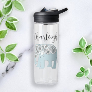 Botella De Agua Elegante elefante azul paisley personalizado