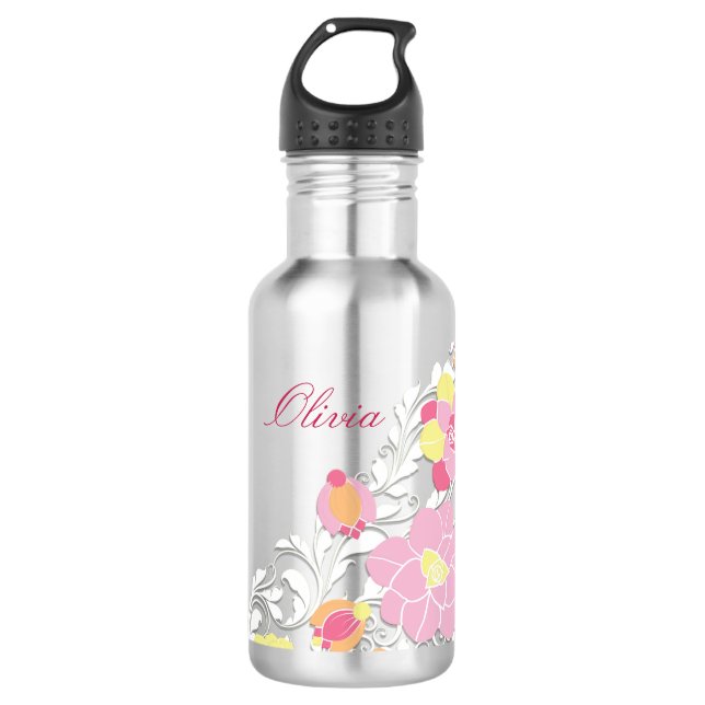 Botella De Agua Elegante esculpido Pastel Floral Personalizado (Anverso)