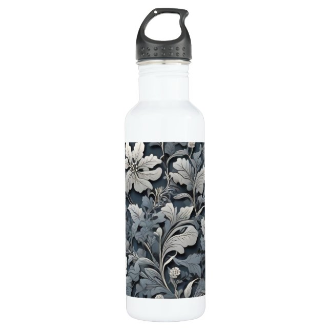 Botella De Agua Elegante floral gris blanco plateado (Anverso)