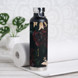 Botella De Agua Elegante Floral Oscuro sobre Negro | Tumbler Monog