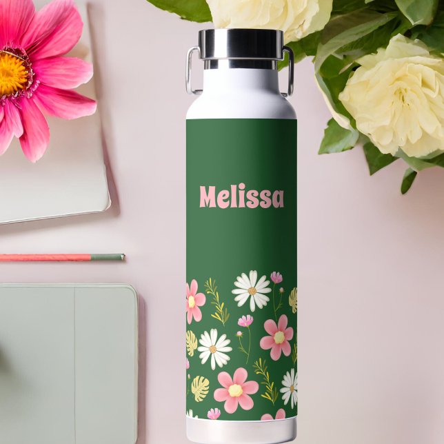 Botella De Agua Elegante floral verde rosa verde (Subido por el creador)