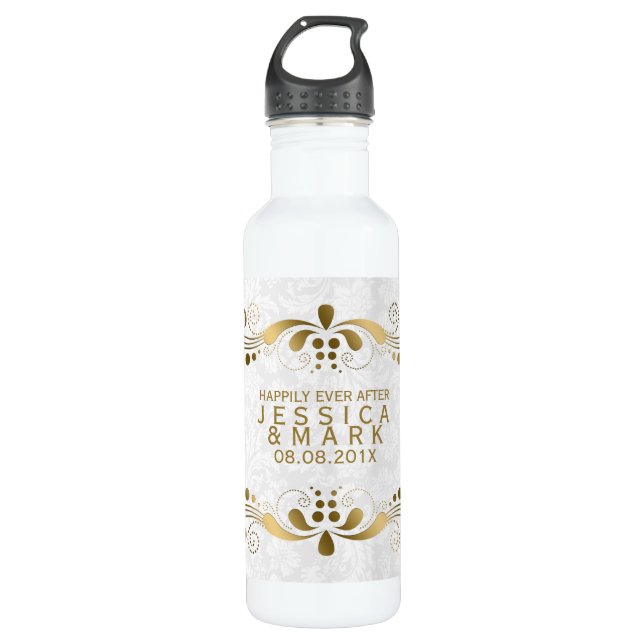 Botella De Agua Elegante Lace de oro floral con damasquinados blan (Anverso)