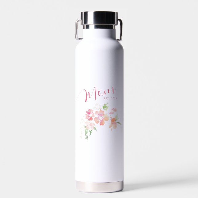 Botella De Agua Elegante Mamá Año de Fundación Rosa Floral Acuarel (Delantero)