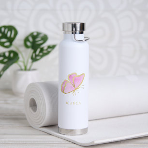 Botella De Agua Elegante mariposa rosa y dorada