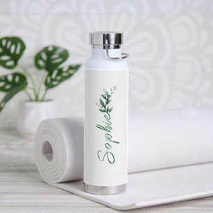 Botella De Agua Elegante Moderno Hojas Florales Verdes Nombre Escr
