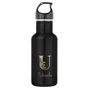 Botella De Agua Elegante Monograma Botánico Gold Letter U