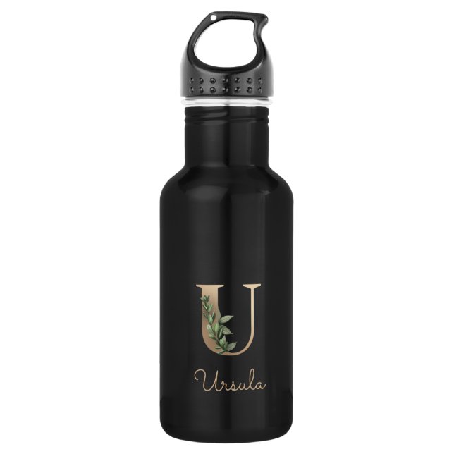 Botella De Agua Elegante Monograma Botánico Gold Letter U (Anverso)