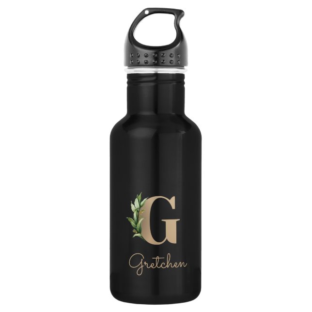 Botella De Agua Elegante Monograma Botánico Letra Gold G (Anverso)
