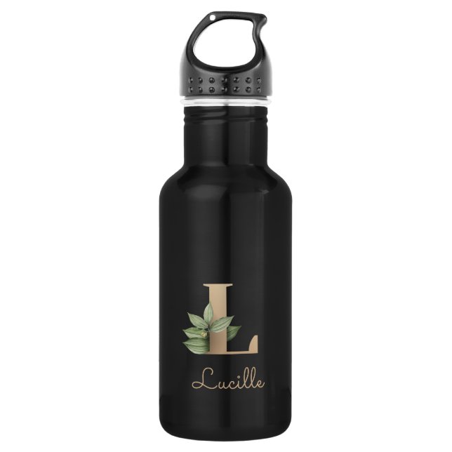 Botella De Agua Elegante Monograma Botánico Letra Gold L (Anverso)