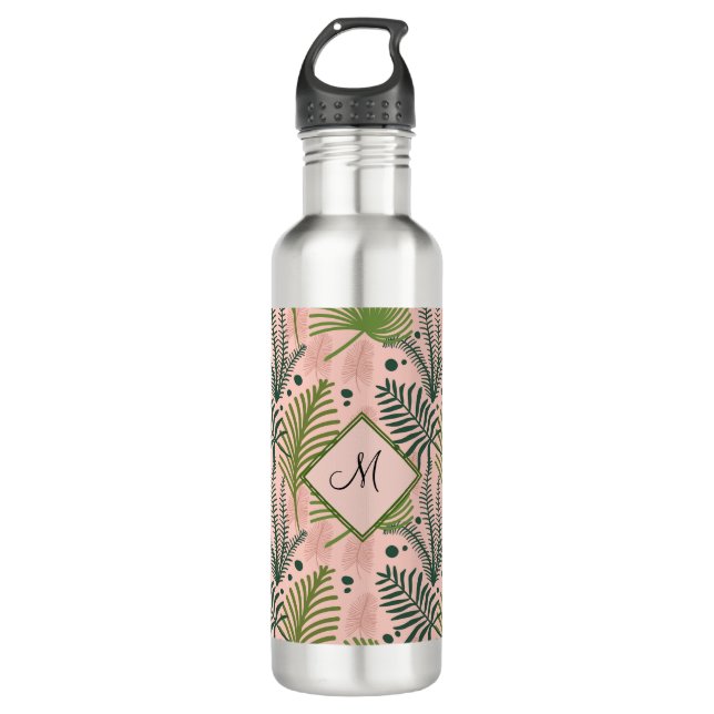 Botella De Agua Elegante Monograma Botánico Tropical Rosa Floral (Anverso)