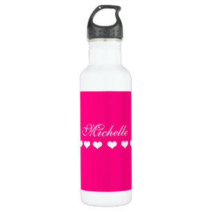 Botella De Agua Elegante Monograma Corazón Blanco Brillante Rosa