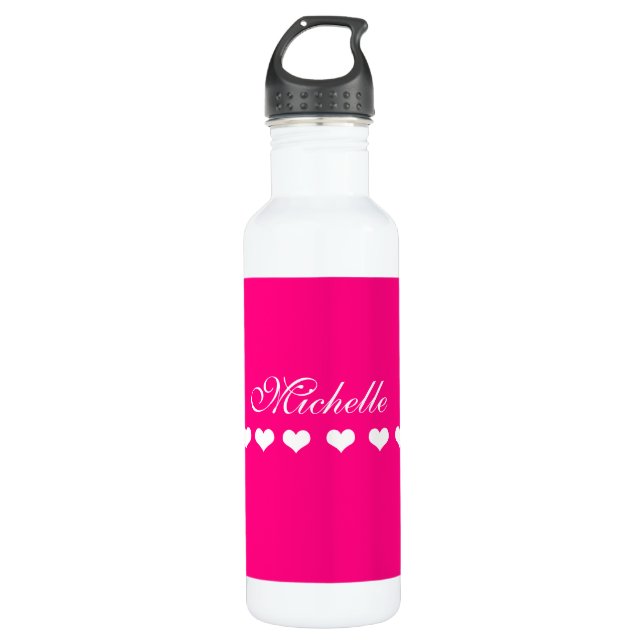 Botella De Agua Elegante Monograma Corazón Blanco Brillante Rosa (Anverso)