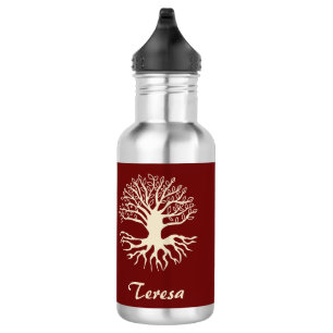 Botella De Agua Elegante Monograma Crema Árbol de la Vida sobre Bu
