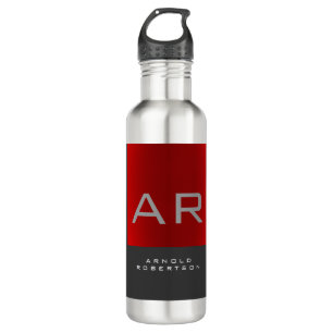 Botella De Agua Elegante Monograma de moda gris rojo Añadir nombre