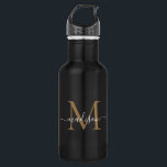 Botella De Agua Elegante Monograma de Oro Negro Nombre de Guión Fe<br><div class="desc">Elegante Monograma de Oro Negro Feminine Girly Nombre Botella de Agua de Acero Inoxidable</div>