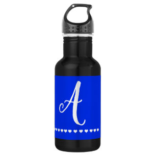 Botella De Agua Elegante Monograma inicial azul y blanco