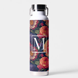 Botella De Agua Elegante monograma romántico floral naranja rojo