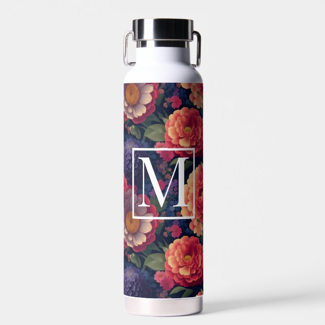 Botella De Agua Elegante monograma romántico floral naranja rojo (Delantero)